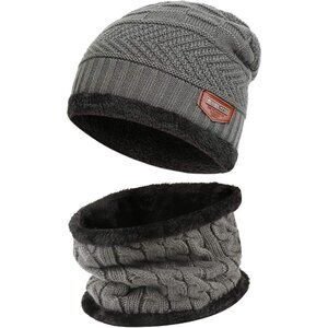 Men Women Dark Gray Winter Beanie Hat Scarf Set Warm Fleece Lined Set Gear
